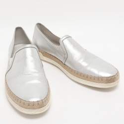 Pre Owned Tod's Metallic Silver Leather Pantofola Espadrille Slip On Sneakers Size 39