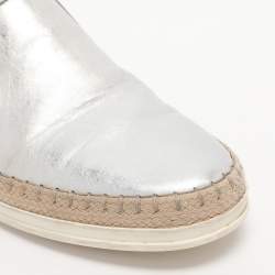 Pre Owned Tod's Metallic Silver Leather Pantofola Espadrille Slip On Sneakers Size 39