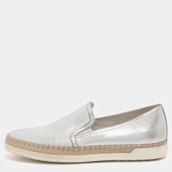 Pre Owned Tod's Metallic Silver Leather Pantofola Espadrille Slip On Sneakers Size 39