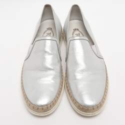 Pre Owned Tod's Metallic Silver Leather Pantofola Espadrille Slip On Sneakers Size 39