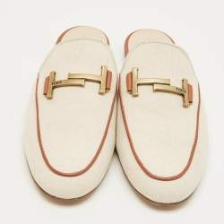 Pre Owned Tod's Beige/Brown Canvas and Leather Double T Flat Mules Size 42