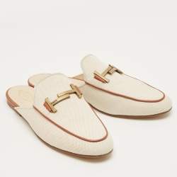 Pre Owned Tod's Beige/Brown Canvas and Leather Double T Flat Mules Size 42