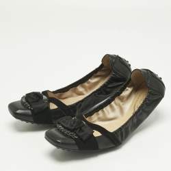 Pre Owned Tod's Black Leather Bow Square Toe Scrunch Ballet Flats Size 40.5