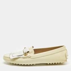 Pre Owned Tod's Blush Cream/White Patent and Leather Fringe Detail Loafers Size 39