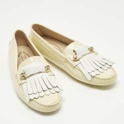 Pre Owned Tod's Blush Cream/White Patent and Leather Fringe Detail Loafers Size 39