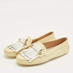 Pre Owned Tod's Beige/White Patent Leather Buckle Detail Fringe Loafers Size 39
