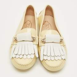 Pre Owned Tod's Beige/White Patent Leather Buckle Detail Fringe Loafers Size 39