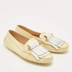 Pre Owned Tod's Beige/White Patent Leather Buckle Detail Fringe Loafers Size 39