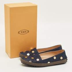 Pre Owned Tod's Navy Blue Denim Studded Espadrille Ballet Flats Size 38.5