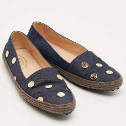Pre Owned Tod's Navy Blue Denim Studded Espadrille Ballet Flats Size 38.5