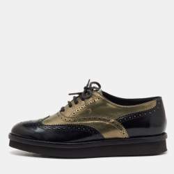 Pre Owned Tod's Black/Metallic Gold and Leather Brogue Wingtip Lace Up Oxfords Size 36