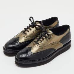 Pre Owned Tod's Black/Metallic Gold and Leather Brogue Wingtip Lace Up Oxfords Size 36
