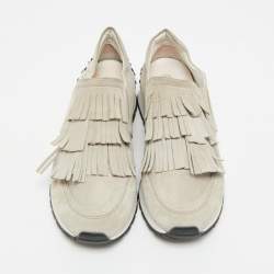 Pre Owned Tod's  Light Grey Suede Fringe Detail Slip On Sneakers Size 35.5