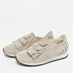 Pre Owned Tod's  Light Grey Suede Fringe Detail Slip On Sneakers Size 35.5