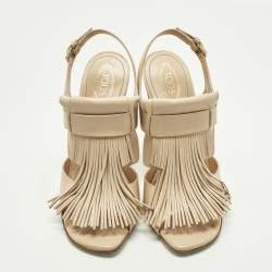 Pre Owned Tod's Fringe Size 38 Beige Leather Ankle Strap Sandals
