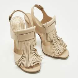 Pre Owned Tod's Fringe Size 38 Beige Leather Ankle Strap Sandals