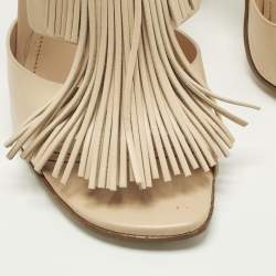 Pre Owned Tod's Fringe Size 38 Beige Leather Ankle Strap Sandals