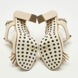Pre Owned Tod's Fringe Size 38 Beige Leather Ankle Strap Sandals