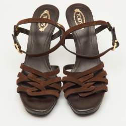 Pre Owned Tod's T-Bar Ankle Strap Size 38 Brown Suede Platform Sandals
