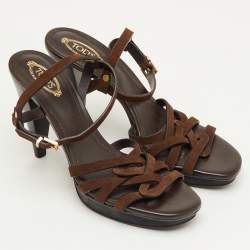 Pre Owned Tod's T-Bar Ankle Strap Size 38 Brown Suede Platform Sandals