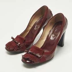 مملوكة مسبقًا حذاء كعب عالي تودز جلد برغندي براءة و سويدي شرابة قوس مقاس 38.5