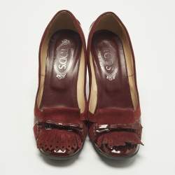 مملوكة مسبقًا حذاء كعب عالي تودز جلد برغندي براءة و سويدي شرابة قوس مقاس 38.5