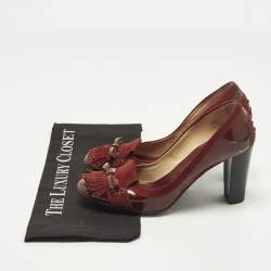 مملوكة مسبقًا حذاء كعب عالي تودز جلد برغندي براءة و سويدي شرابة قوس مقاس 38.5