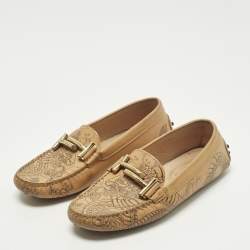 Pre Owned Tod's Double T Size 36 Beige Tattoo Dragon Print Leather Slip On Loafers