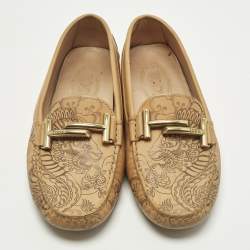 Pre Owned Tod's Double T Size 36 Beige Tattoo Dragon Print Leather Slip On Loafers