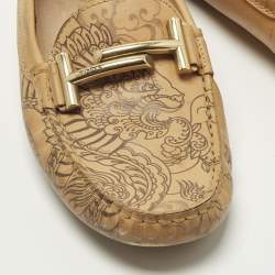 Pre Owned Tod's Double T Size 36 Beige Tattoo Dragon Print Leather Slip On Loafers