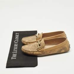 Pre Owned Tod's Double T Size 36 Beige Tattoo Dragon Print Leather Slip On Loafers