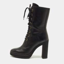 مملوكة مسبقًا حذاء بوت تودز منتصف ساق هايكينغ كعب عريض أربطة جلد أسود مقاس 38.5