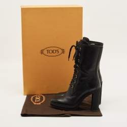 مملوكة مسبقًا حذاء بوت تودز منتصف ساق هايكينغ كعب عريض أربطة جلد أسود مقاس 38.5