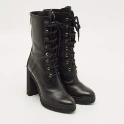 مملوكة مسبقًا حذاء بوت تودز منتصف ساق هايكينغ كعب عريض أربطة جلد أسود مقاس 38.5