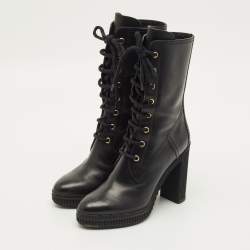 مملوكة مسبقًا حذاء بوت تودز منتصف ساق هايكينغ كعب عريض أربطة جلد أسود مقاس 38.5