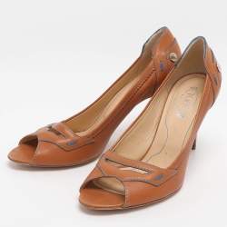Pre Owned Tod's Size 37 Brown Patent Leather Peep Toe Pumps