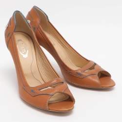 Pre Owned Tod's Size 37 Brown Patent Leather Peep Toe Pumps