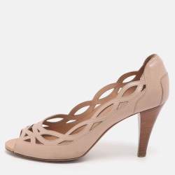 Pre Owned Tod's Size 37 Beige Cutout Patent Leather Peep Toe Pumps