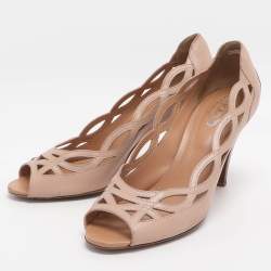 Pre Owned Tod's Size 37 Beige Cutout Patent Leather Peep Toe Pumps