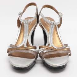 Pre Owned Tod's Size 37.5 Metallic Leather T-Strap Sandals