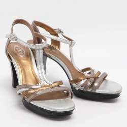 Pre Owned Tod's Size 37.5 Metallic Leather T-Strap Sandals