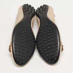 مملوكة مسبقًا حذاء باليرينا فلات تودز مقدمة مجعدة جلد براءات اختراع وشامواه بيج/أصفر مقاس 38.5