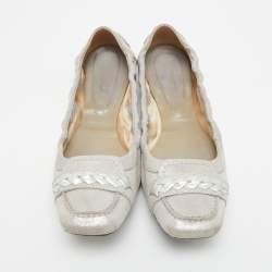مملوكة مسبقًا Tod's Size 37 Silver Leather and Shimmer Suede Braided Scrunch Ballet Flats