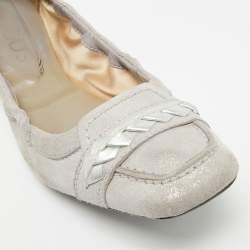 مملوكة مسبقًا Tod's Size 37 Silver Leather and Shimmer Suede Braided Scrunch Ballet Flats