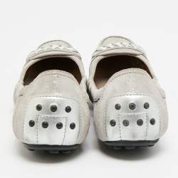 مملوكة مسبقًا Tod's Size 37 Silver Leather and Shimmer Suede Braided Scrunch Ballet Flats
