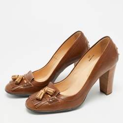 Pre Owned Tod's Tassel Detail Size 37 Brown Leather Fringe Loafer Pumps
