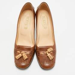 Pre Owned Tod's Tassel Detail Size 37 Brown Leather Fringe Loafer Pumps
