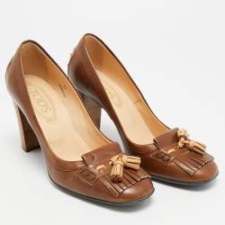 Pre Owned Tod's Tassel Detail Size 37 Brown Leather Fringe Loafer Pumps