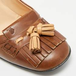 Pre Owned Tod's Tassel Detail Size 37 Brown Leather Fringe Loafer Pumps