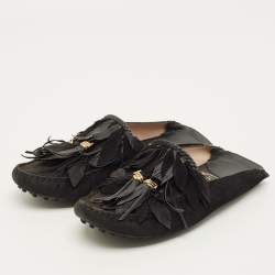 Pre Owned Tod's Size 38 Black Suede Tassel Fringe Mules
